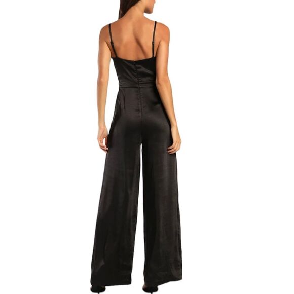 Lulu’s Black Feather Together Satin Wide Leg Jumpsuit Medium - Picture 2 of 16